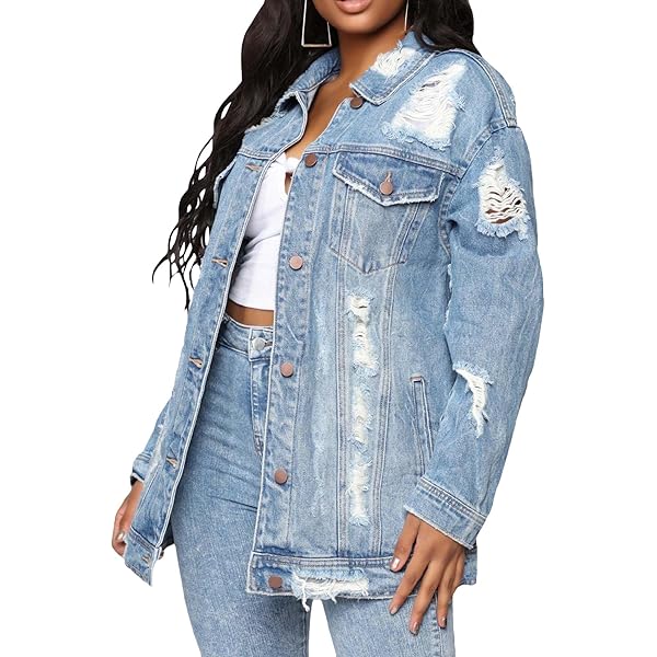 Women's Ripped Denim Jacket Ladies Fashion Long Sleeve